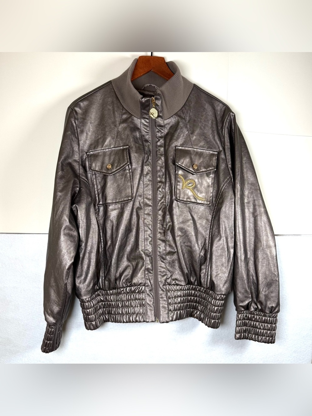 Vintage Rocawear Bronze Metallic Faux Leather Y2K Bomber Jacket Womens 1X FLAWS